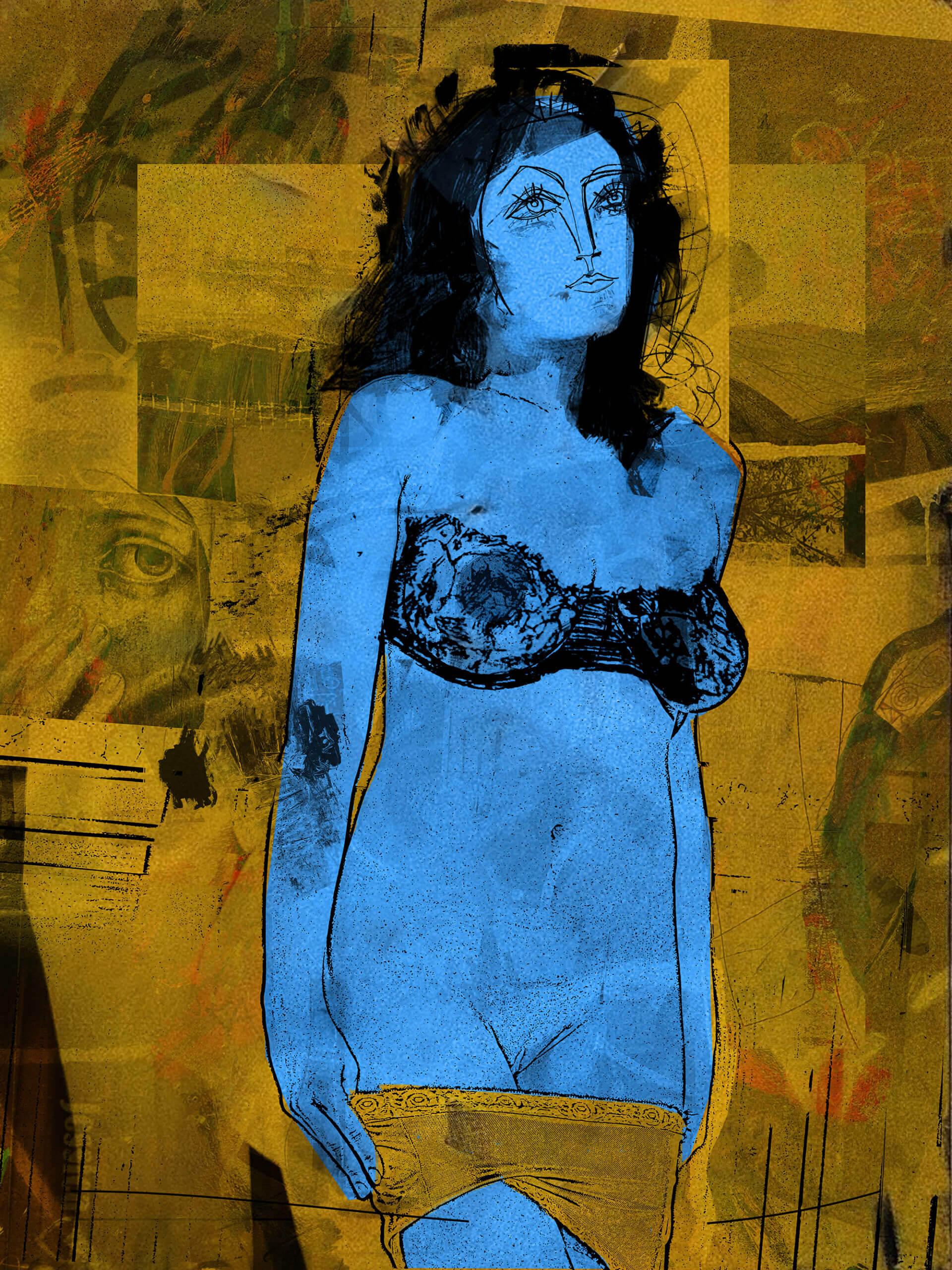 A digital collage with a blue‑toned female figure, Athens graffiti fragments, and a large female eye looking at the viewer.